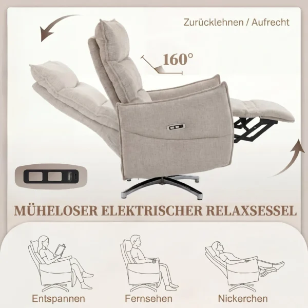 Draaibare Elektrische Relaxstoel Voor Volwassenen, Stoel Met Linnen look Stof En Oplaadpoorten, Beige