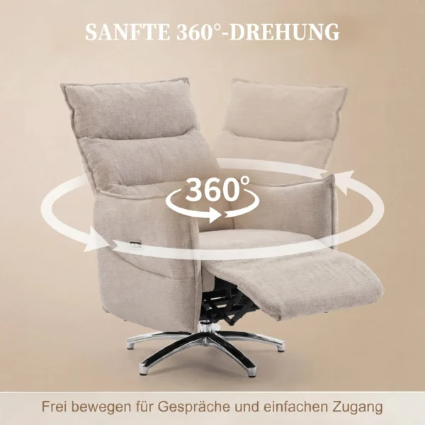 Draaibare Elektrische Relaxstoel Voor Volwassenen, Stoel Met Linnen look Stof En Oplaadpoorten, Beige