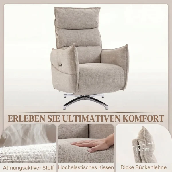 Draaibare Elektrische Relaxstoel Voor Volwassenen, Stoel Met Linnen look Stof En Oplaadpoorten, Beige