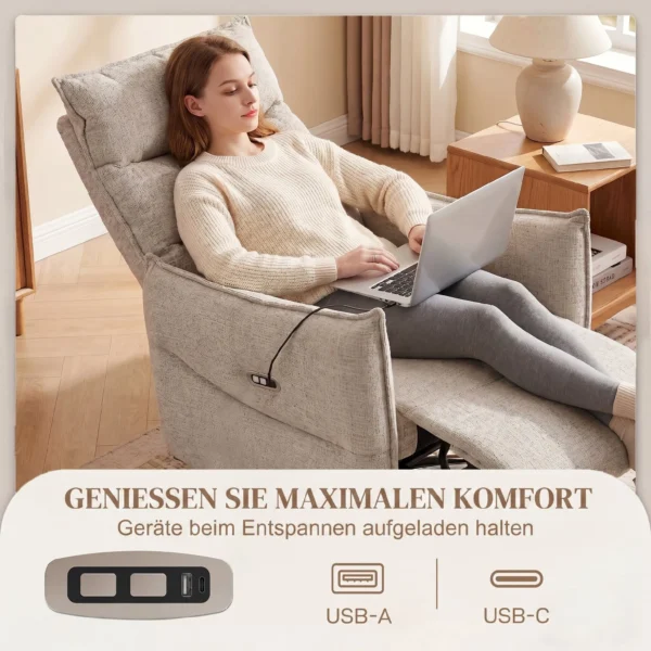 Draaibare Elektrische Relaxstoel Voor Volwassenen, Stoel Met Linnen look Stof En Oplaadpoorten, Beige