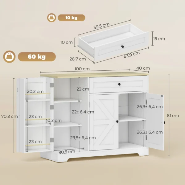 Dressoir, Landhuisstijl Keukenkast Met Schuifdeuren, 1 Lade, 2 Verstelbare Planken, Deurrekken