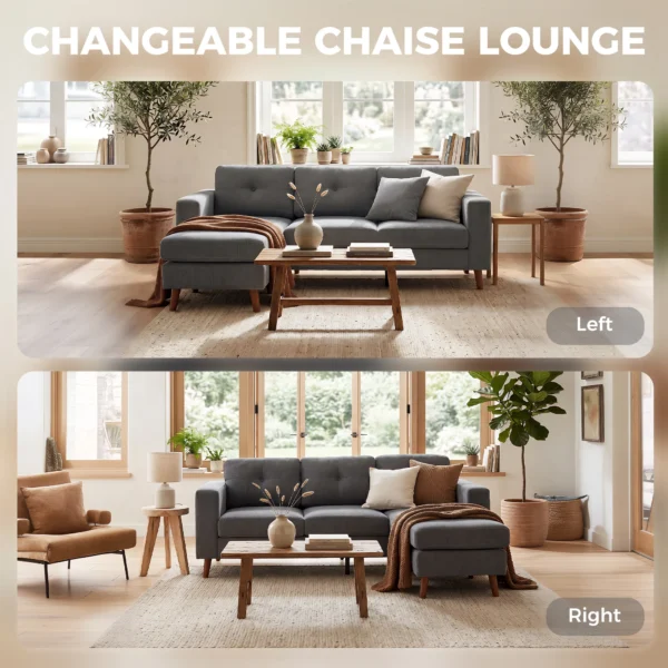 Ecksofa 192 Cm L vorm 3 zits Bank Met Omkeerbare Chaise Longue, Corduroy look, Voor Kleine Ruimte, Donkergrijs