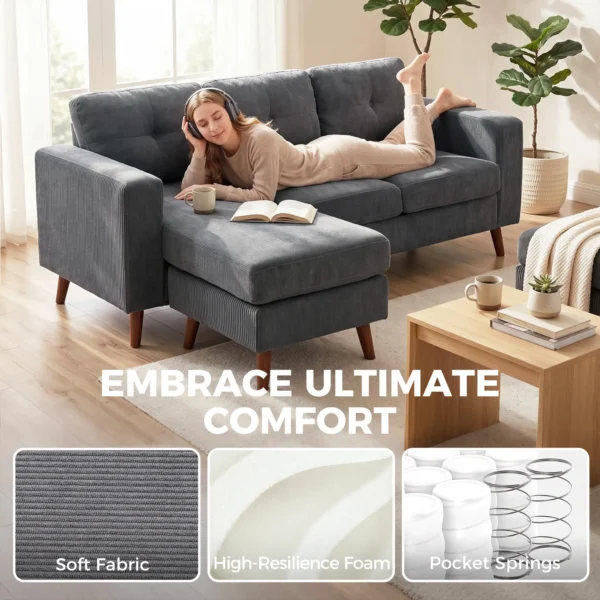 Ecksofa 192 Cm L vorm 3 zits Bank Met Omkeerbare Chaise Longue, Corduroy look, Voor Kleine Ruimte, Donkergrijs