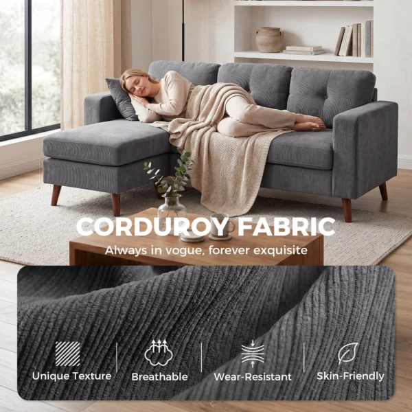 Ecksofa 192 Cm L vorm 3 zits Bank Met Omkeerbare Chaise Longue, Corduroy look, Voor Kleine Ruimte, Donkergrijs