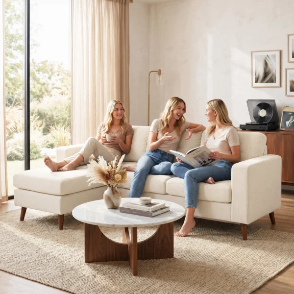 Ecksofa 192 Cm L vorm 3 zits Bank Met Omkeerbare Chaise Longue, Koord look, Voor Kleine Ruimte, Crèmewit