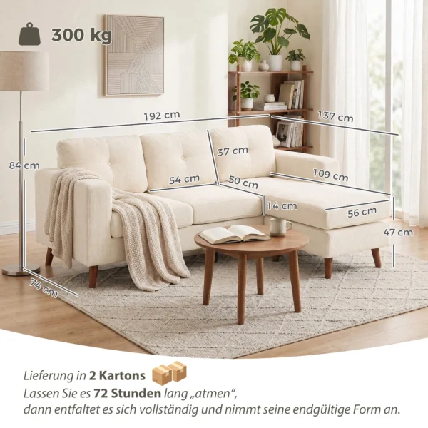Ecksofa 192 Cm L vorm 3 zits Bank Met Omkeerbare Chaise Longue, Koord look, Voor Kleine Ruimte, Crèmewit