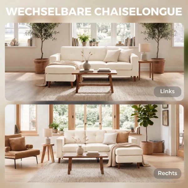 Ecksofa 192 Cm L vorm 3 zits Bank Met Omkeerbare Chaise Longue, Koord look, Voor Kleine Ruimte, Crèmewit