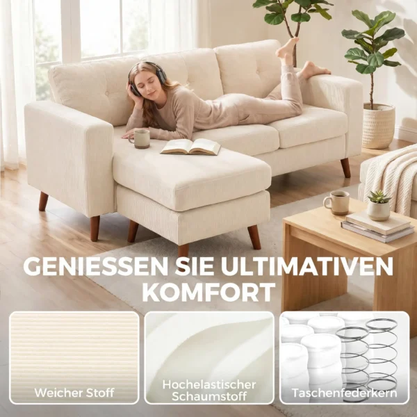Ecksofa 192 Cm L vorm 3 zits Bank Met Omkeerbare Chaise Longue, Koord look, Voor Kleine Ruimte, Crèmewit