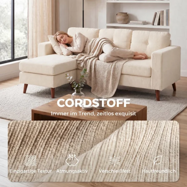 Ecksofa 192 Cm L vorm 3 zits Bank Met Omkeerbare Chaise Longue, Koord look, Voor Kleine Ruimte, Crèmewit