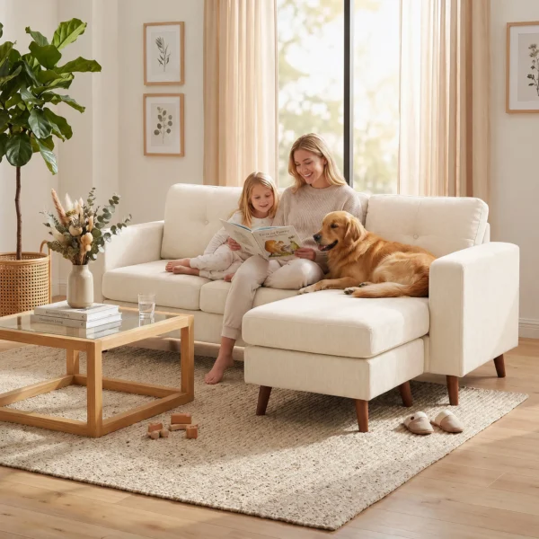 Ecksofa 192 Cm L vorm 3 zits Bank Met Omkeerbare Chaise Longue, Koord look, Voor Kleine Ruimte, Crèmewit