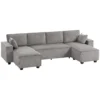 Ecksofa Met Dubbele Chaise Longues, U vormige Bank Van Corduroy Met Brede En Diepe Zit, Veren Kussens, Lichtgrijs