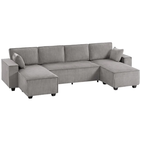 Ecksofa Met Dubbele Chaise Longues, U vormige Bank Van Corduroy Met Brede En Diepe Zit, Veren Kussens, Lichtgrijs