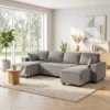Ecksofa Met Dubbele Chaise Longues, U vormige Bank Van Corduroy Met Brede En Diepe Zit, Veren Kussens, Lichtgrijs
