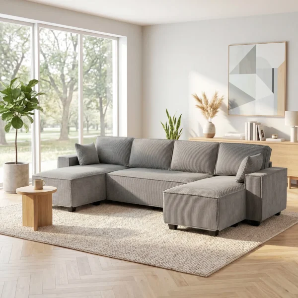 Ecksofa Met Dubbele Chaise Longues, U vormige Bank Van Corduroy Met Brede En Diepe Zit, Veren Kussens, Lichtgrijs