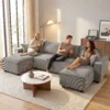 Ecksofa Met Dubbele Chaise Longues, U vormige Bank Van Corduroy Met Brede En Diepe Zit, Veren Kussens, Lichtgrijs