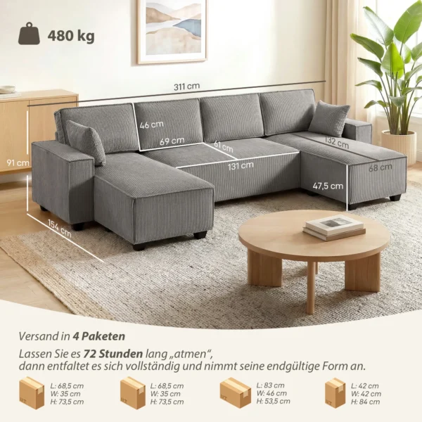 Ecksofa Met Dubbele Chaise Longues, U vormige Bank Van Corduroy Met Brede En Diepe Zit, Veren Kussens, Lichtgrijs