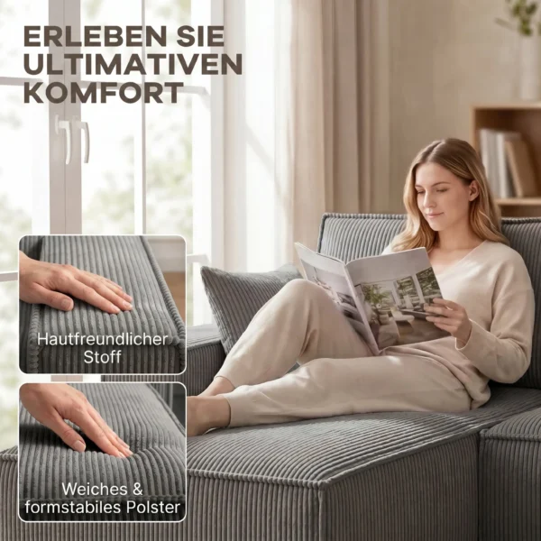 Ecksofa Met Dubbele Chaise Longues, U vormige Bank Van Corduroy Met Brede En Diepe Zit, Veren Kussens, Lichtgrijs
