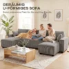 Ecksofa Met Dubbele Chaise Longues, U vormige Bank Van Corduroy Met Brede En Diepe Zit, Veren Kussens, Lichtgrijs