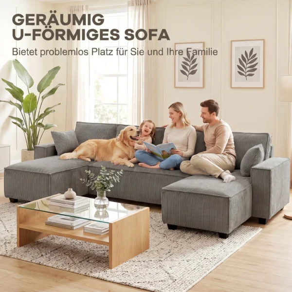 Ecksofa Met Dubbele Chaise Longues, U vormige Bank Van Corduroy Met Brede En Diepe Zit, Veren Kussens, Lichtgrijs