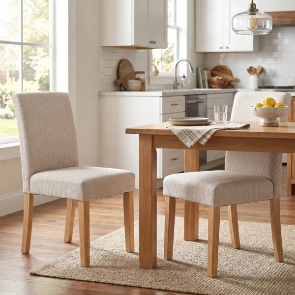 Eetkamerstoelen In Set Van 2, Moderne Linnen Gestoffeerde Stoelen Met Gestoffeerde Zit En Rugleuning, Poten Van Rubberhout