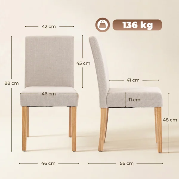 Eetkamerstoelen In Set Van 2, Moderne Linnen Gestoffeerde Stoelen Met Gestoffeerde Zit En Rugleuning, Poten Van Rubberhout