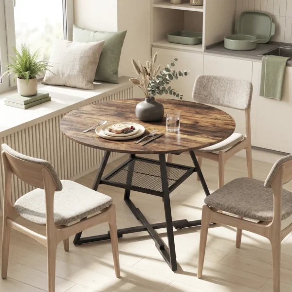 Eettafel Voor 4 Personen, 100 Cm Ronde Industriële Keukentafel Met Opbergruimte, Tafelblad In Houtlook, Rustiek Bruin