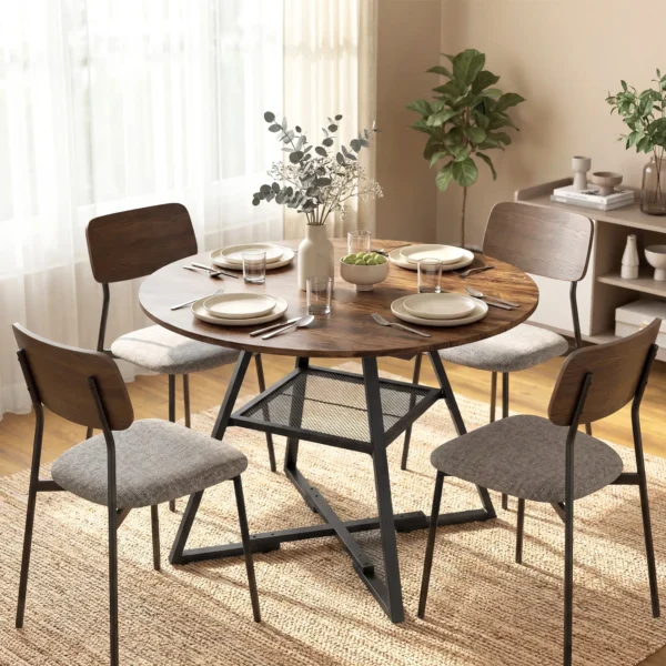 Eettafel Voor 4 Personen, 100 Cm Ronde Industriële Keukentafel Met Opbergruimte, Tafelblad In Houtlook, Rustiek Bruin
