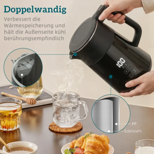 Elektrische Waterkoker, 1,7L, Snelkokend, 2200W, Met LED Display, Warmhoudfunctie, Droogkookbeveiliging, PTFE vrij