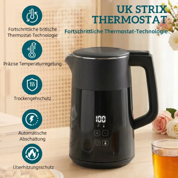 Elektrische Waterkoker, 1,7L, Snelkokend, 2200W, Met LED Display, Warmhoudfunctie, Droogkookbeveiliging, PTFE vrij