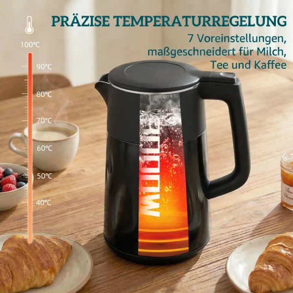 Elektrische Waterkoker, 1,7L, Snelkokend, 2200W, Met LED Display, Warmhoudfunctie, Droogkookbeveiliging, PTFE vrij