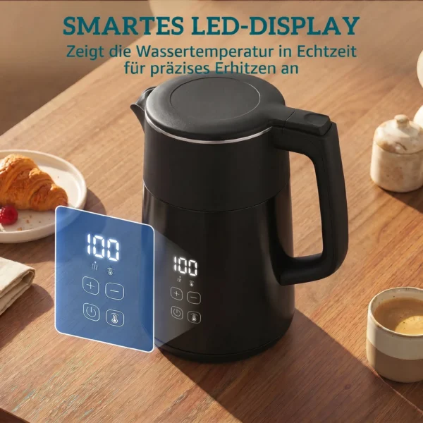 Elektrische Waterkoker, 1,7L, Snelkokend, 2200W, Met LED Display, Warmhoudfunctie, Droogkookbeveiliging, PTFE vrij