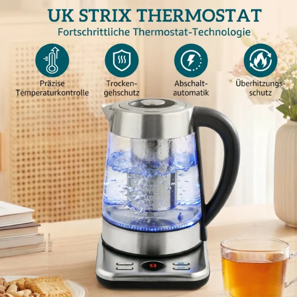 Elektrische Waterkoker, 1,7L Snelkokende 2200W Waterkoker Met UK Strix Thermostaat, Theezeef, Warmhoudfunctie
