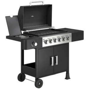 Gasgrill 17,8 KW 6+1 Branders BBQ Grillwagen Gemaakt Van Roestvrij Staal Inclusief Rol Zijbrander Thermometer Geëmailleerd Grillrooster