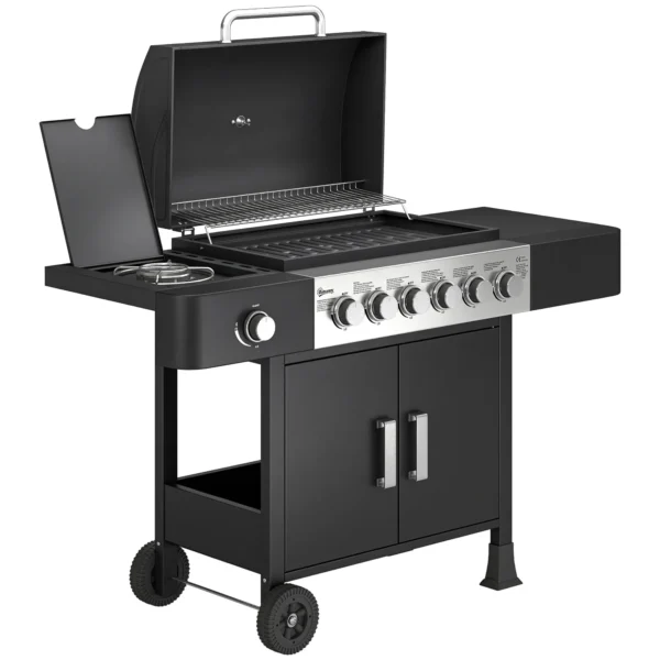 Gasgrill 17,8 KW 6+1 Branders BBQ Grillwagen Gemaakt Van Roestvrij Staal Inclusief Rol Zijbrander Thermometer Geëmailleerd Grillrooster