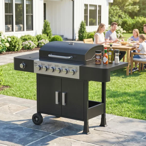 Gasgrill 17,8 KW 6+1 Branders BBQ Grillwagen Gemaakt Van Roestvrij Staal Inclusief Rol Zijbrander Thermometer Geëmailleerd Grillrooster
