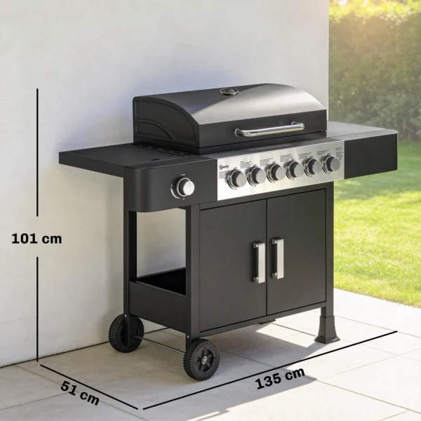 Gasgrill 17,8 KW 6+1 Branders BBQ Grillwagen Gemaakt Van Roestvrij Staal Inclusief Rol Zijbrander Thermometer Geëmailleerd Grillrooster