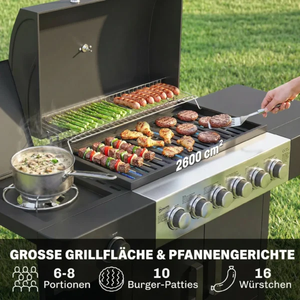 Gasgrill 17,8 KW 6+1 Branders BBQ Grillwagen Gemaakt Van Roestvrij Staal Inclusief Rol Zijbrander Thermometer Geëmailleerd Grillrooster