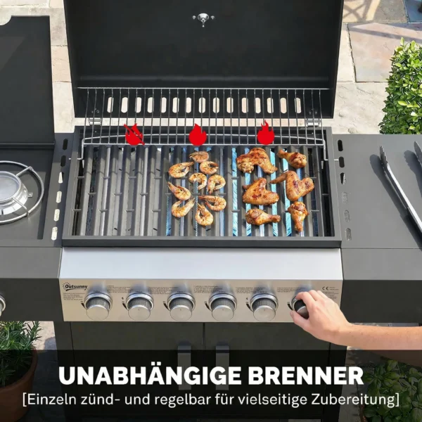 Gasgrill 17,8 KW 6+1 Branders BBQ Grillwagen Gemaakt Van Roestvrij Staal Inclusief Rol Zijbrander Thermometer Geëmailleerd Grillrooster