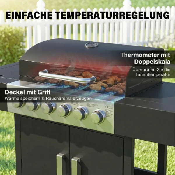 Gasgrill 17,8 KW 6+1 Branders BBQ Grillwagen Gemaakt Van Roestvrij Staal Inclusief Rol Zijbrander Thermometer Geëmailleerd Grillrooster
