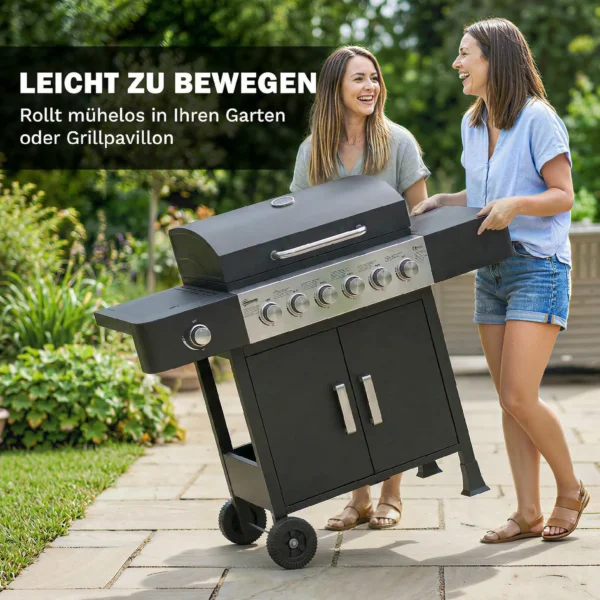 Gasgrill 17,8 KW 6+1 Branders BBQ Grillwagen Gemaakt Van Roestvrij Staal Inclusief Rol Zijbrander Thermometer Geëmailleerd Grillrooster