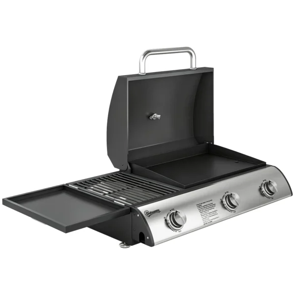 Gasgrill 7,5 KW Draagbare Tafelgrill Met 3 Branders Zijtafel Braadplaat Emaille Grillroosters Vetopvangbak