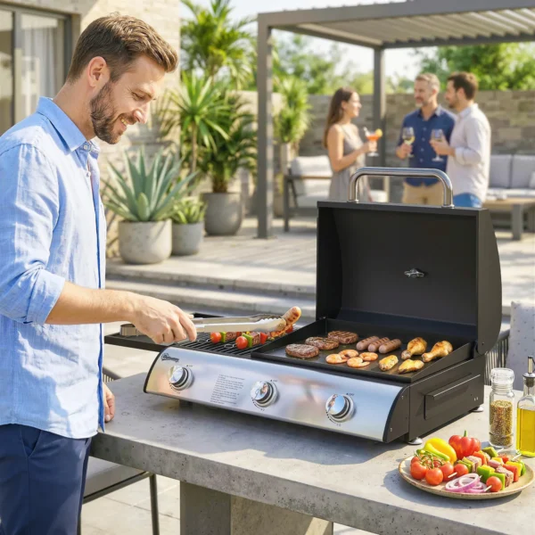 Gasgrill 7,5 KW Draagbare Tafelgrill Met 3 Branders Zijtafel Braadplaat Emaille Grillroosters Vetopvangbak