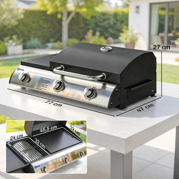 Gasgrill 7,5 KW Draagbare Tafelgrill Met 3 Branders Zijtafel Braadplaat Emaille Grillroosters Vetopvangbak