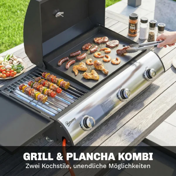 Gasgrill 7,5 KW Draagbare Tafelgrill Met 3 Branders Zijtafel Braadplaat Emaille Grillroosters Vetopvangbak