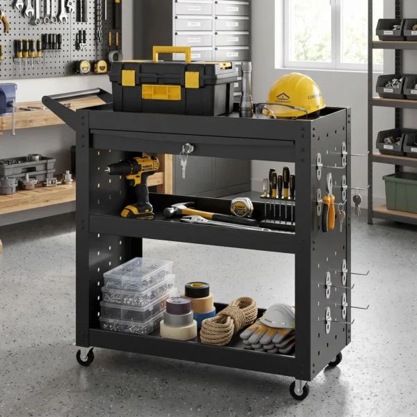 Gereedschapswagen Met Vergrendelbare Wielen, Rollende Werkplaatswagen Met 3 Niveaus, Lade En Geperforeerde Platen, Zwart