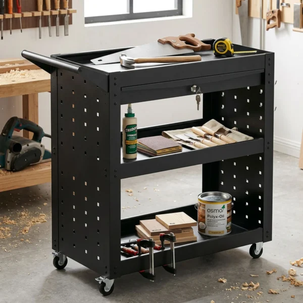 Gereedschapswagen Met Vergrendelbare Wielen, Rollende Werkplaatswagen Met 3 Niveaus, Lade En Geperforeerde Platen, Zwart