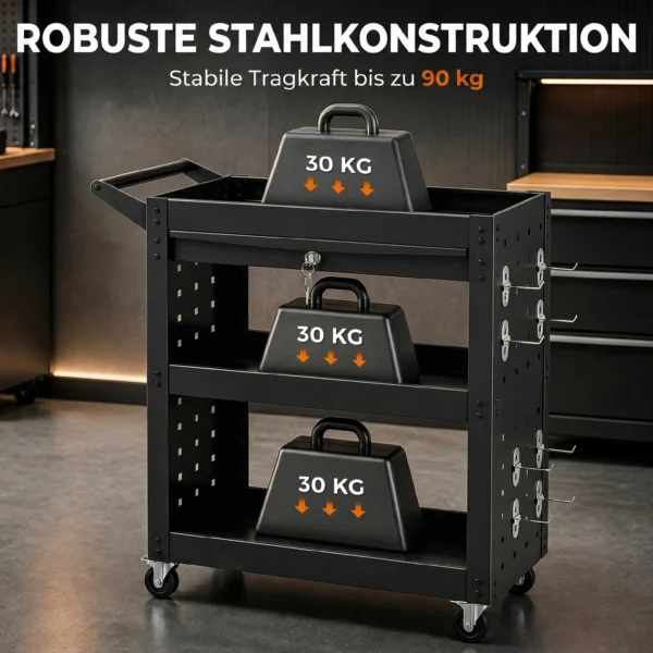 Gereedschapswagen Met Vergrendelbare Wielen, Rollende Werkplaatswagen Met 3 Niveaus, Lade En Geperforeerde Platen, Zwart