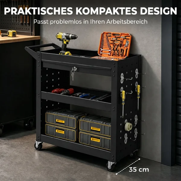 Gereedschapswagen Met Vergrendelbare Wielen, Rollende Werkplaatswagen Met 3 Niveaus, Lade En Geperforeerde Platen, Zwart