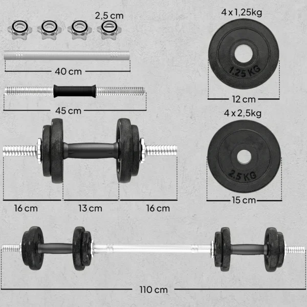 Halterset 2 in 1 Korte Halters Lange Halters Verstelbaar Tot 20 KG Met Antislip Handvat Voor Krachttraining Thuis Grijs