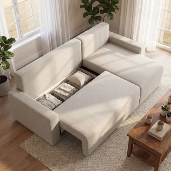 Hoekbank Met Slaapfunctie En Omkeerbare Chaise Longue, L vormige 3 zits Bank Met Fluwelen Bekleding, Beige